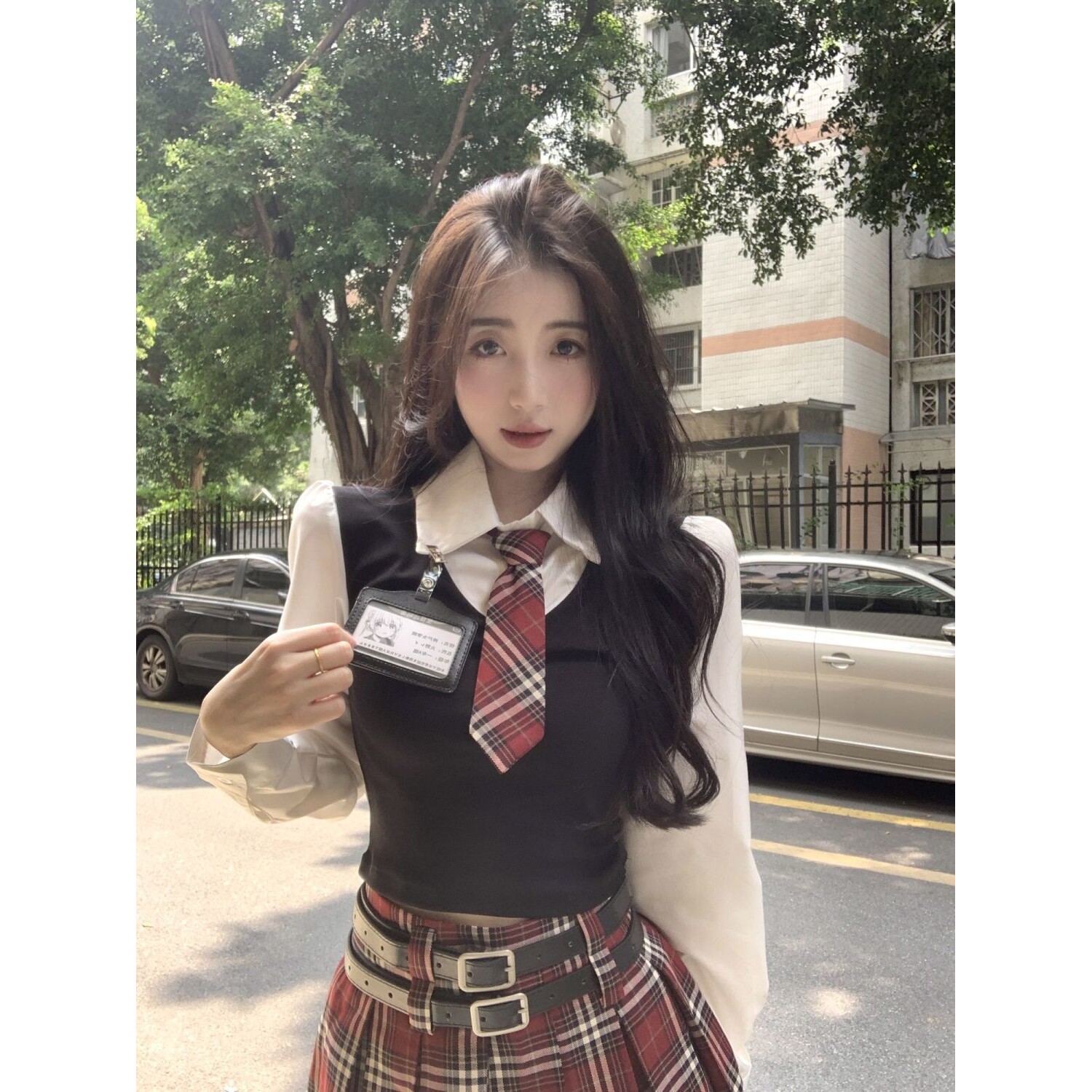 大码甜辣妹学院风套装制服假两件长袖衬衫JK高腰半身裙显瘦两件套