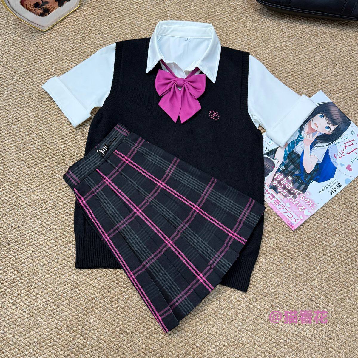 猫看花jk原创正版格裙正品毛衣背心薄款套装学院风女夏季叠穿