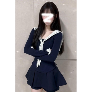 甜辣风海军领上衣套装女秋冬季设计感长袖T恤辣妹高腰百褶半身裙