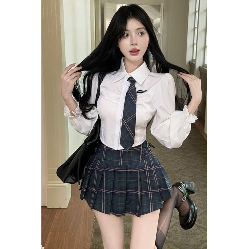 秋季新款小个子穿搭白色长袖衬衫格子百褶裙学院风jk制服两件套装