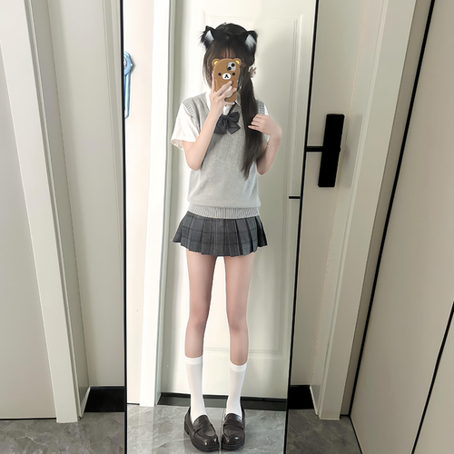 原创jk制服套装女秋冬款校供感无袖针织马甲背心格裙子衬衫一整套