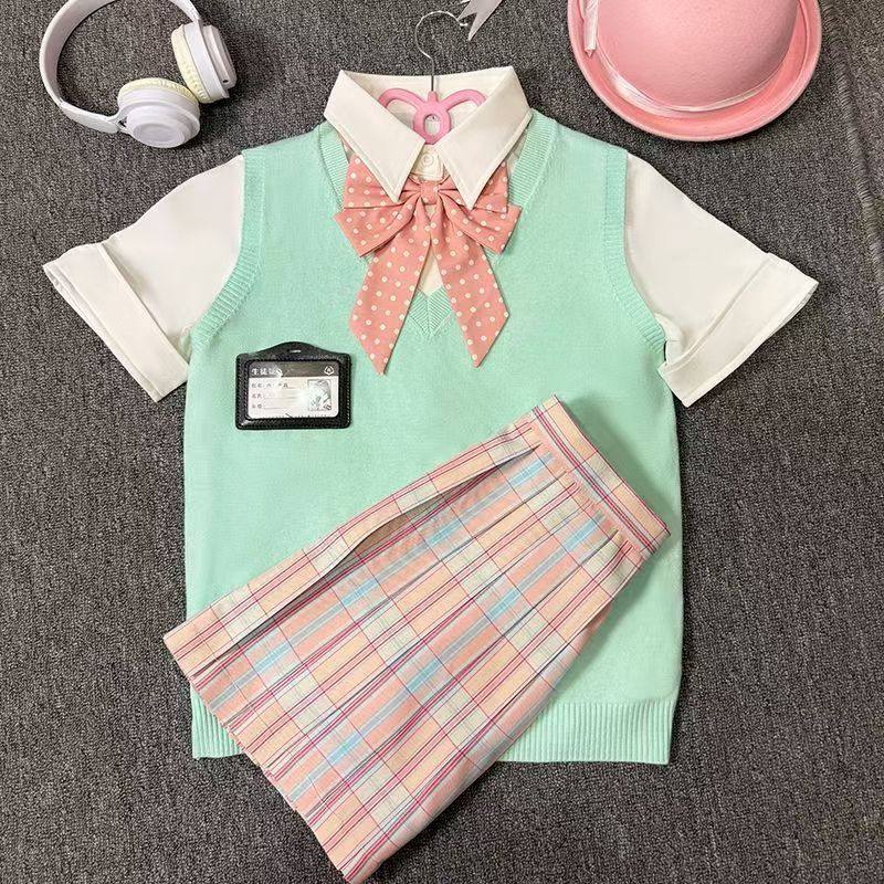 【叠穿五件套】川町香JK正版制服套装毛衣背心衬衫格裙学院风女