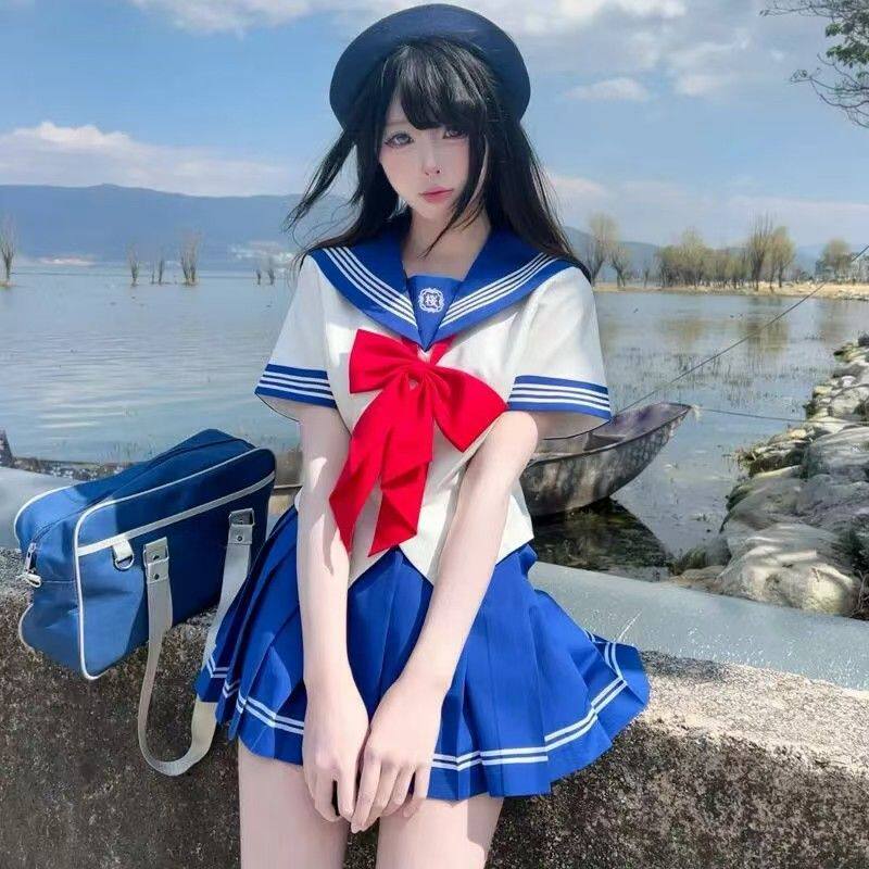 原创小野正版日系jk制服女日系学院收腰蓝色水手服短袖刺绣套装