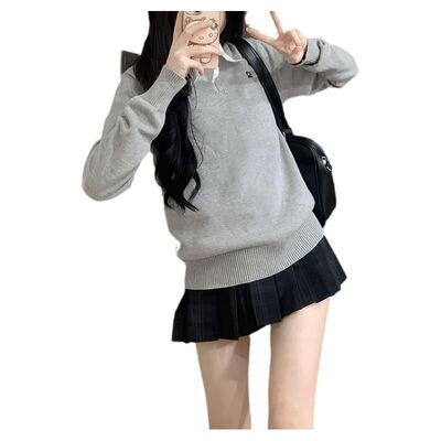 正版jk制服套装女秋冬款原创学院风深灰套头毛衣百褶短裙子三件套