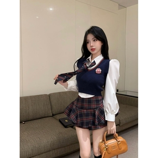 美式jk制服套装针织马甲秋冬衬衫长袖格子半身裙高腰学院三件套