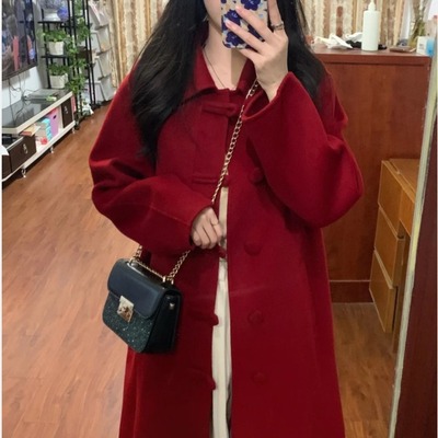复古红色双面羊毛大衣女