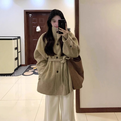 韩系卡其色毛呢外套女202