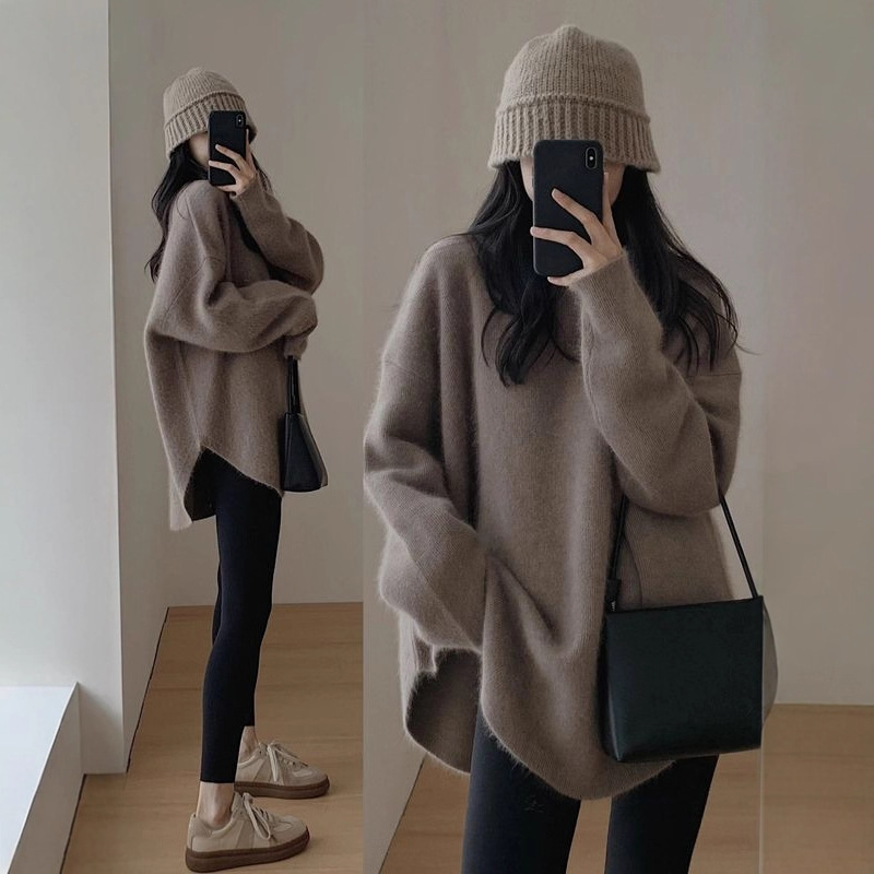 大码胖MM套头毛衣女秋冬季休闲打底针织上衣中长款慵懒风针织衫女