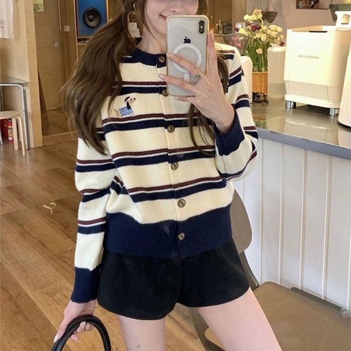 韩系撞色条纹圆领针织开