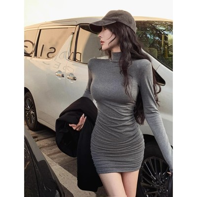 辣妹半高领修身紧德绒长