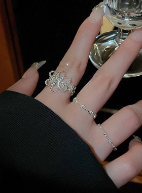 甜美镂空花朵戒指女爆款高级感小众设计感个性百搭开口指环食指戒