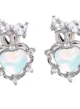 蓝色蝴蝶结爱心耳钉女轻奢级感微镶锆石耳环小众精致百搭耳饰潮