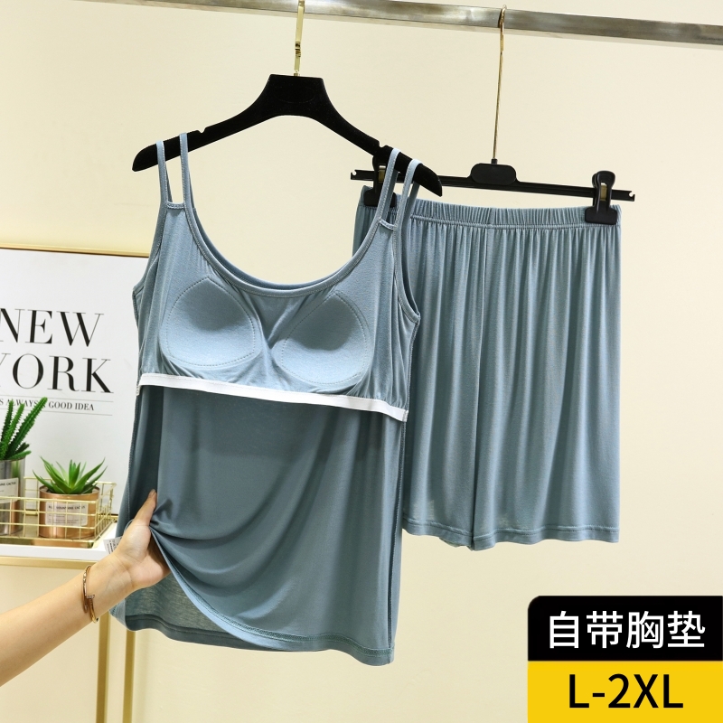 带胸垫家居服女套装双肩吊带短裤夏薄可外穿莫代尔睡衣睡裤两件套
