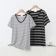 上衣薄款 女夏新款 莫代尔黑白条纹V领短袖 T恤大码 内搭半袖 打底衫