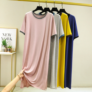 新款莫代尔连衣裙女夏薄款外穿短袖长裙休闲大码宽松圆领拼接睡裙