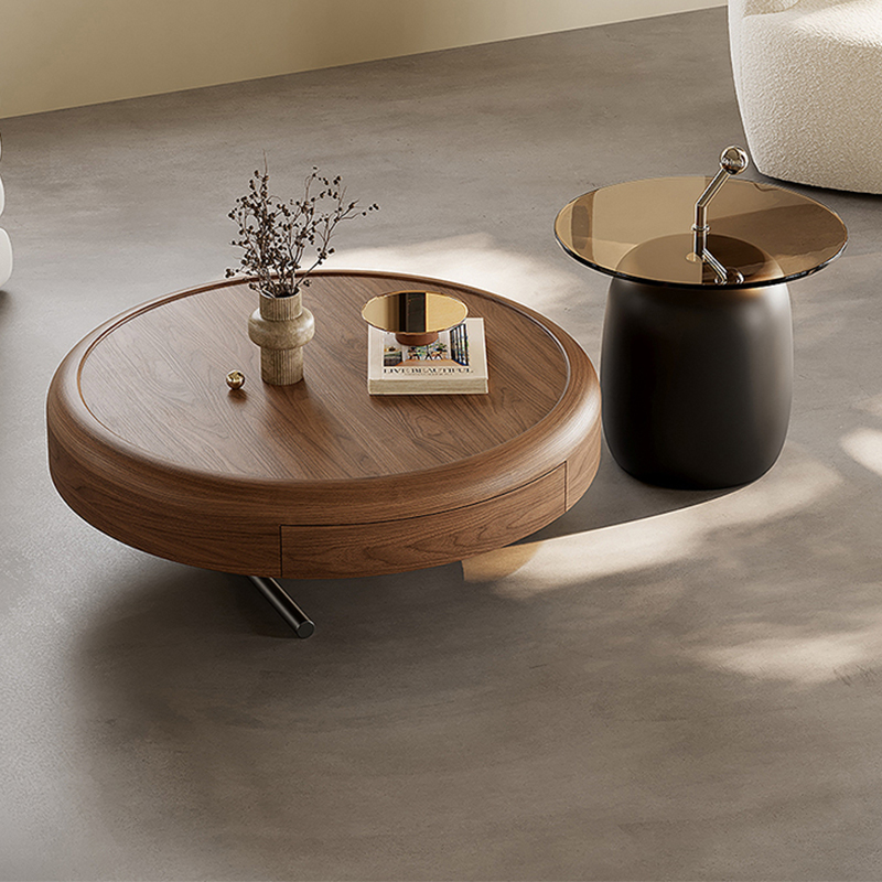 中古风茶几客厅家用胡桃色茶几小户型复古设计师实木圆形茶几组合