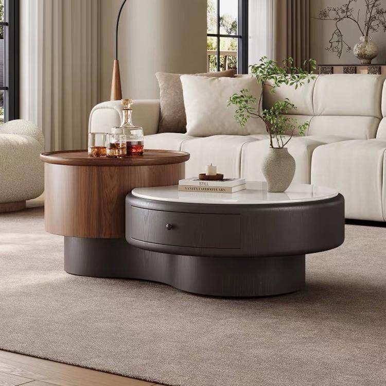 意式极简茶几家用客厅小户型创意圆形大理石茶几2026新款茶几组合