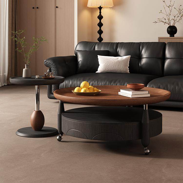 实木可移动檀影茶几组合中古风轻奢高级感家具客厅家用圆形小户型