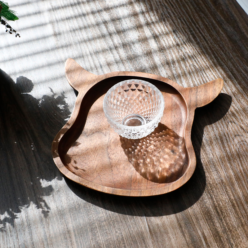 胡桃木托盘实木下午茶点心木盘子猫牛鱼形果盘餐厅可爱干泡茶盘