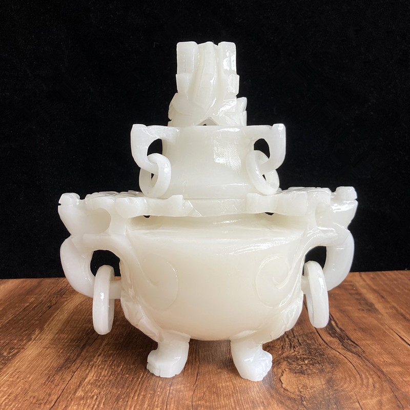 天然白玉香炉摆件装饰家居客厅桌面玄关仿古熏香炉三足玉鼎石玉雕