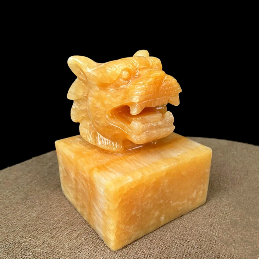 天然黄玉石虎头印章摆件玉玺手工篆刻装饰办公室桌面招财姓名刻字