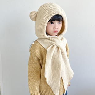 儿童帽子围巾一体冬季保暖防风男女童毛线护耳帽中大童针织披肩帽