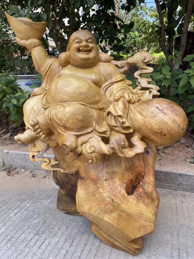 红木香樟木崖柏木雕根雕福建雕刻弥勒佛家居装饰现代工艺品摆件