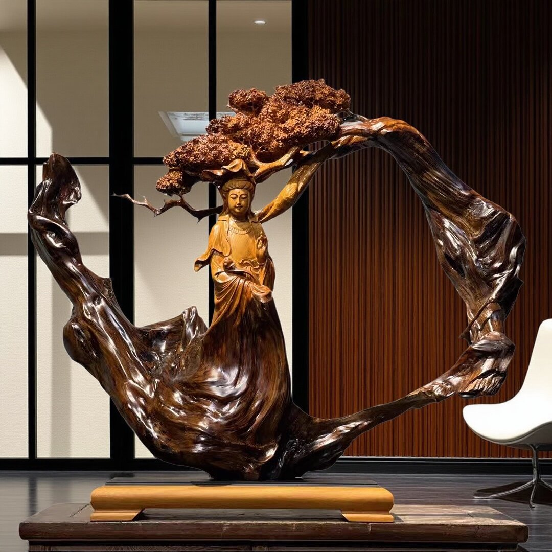 香樟木净瓶观音菩萨木雕根雕佛像实木雕刻定制工艺品家居摆件