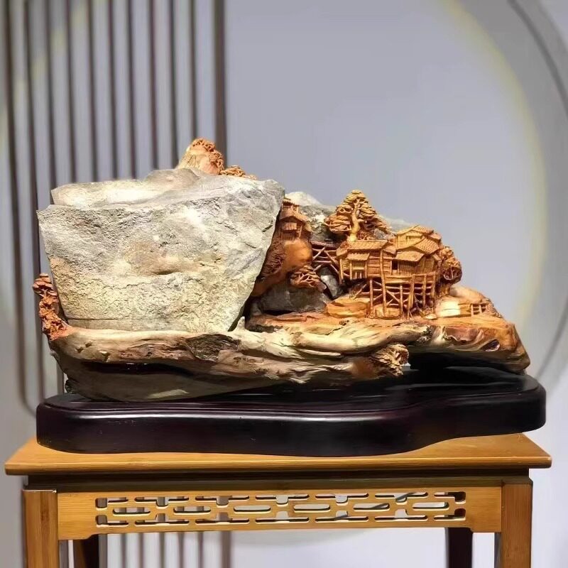 崖柏木雕山水家居摆件