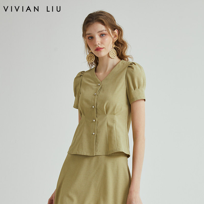 vivian liu qr2323003春女装新款优雅淑女单排扣泡泡袖v领衬衫