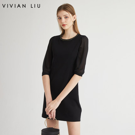 VIVIAN LIU薇薇安刘R2327406春女装新款领口拼接织带八分袖连衣裙