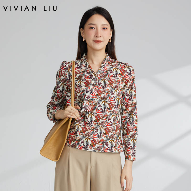 VIVIAN LIU薇薇安刘R2343001女装新款V领飘带领口印花/素色衬衫