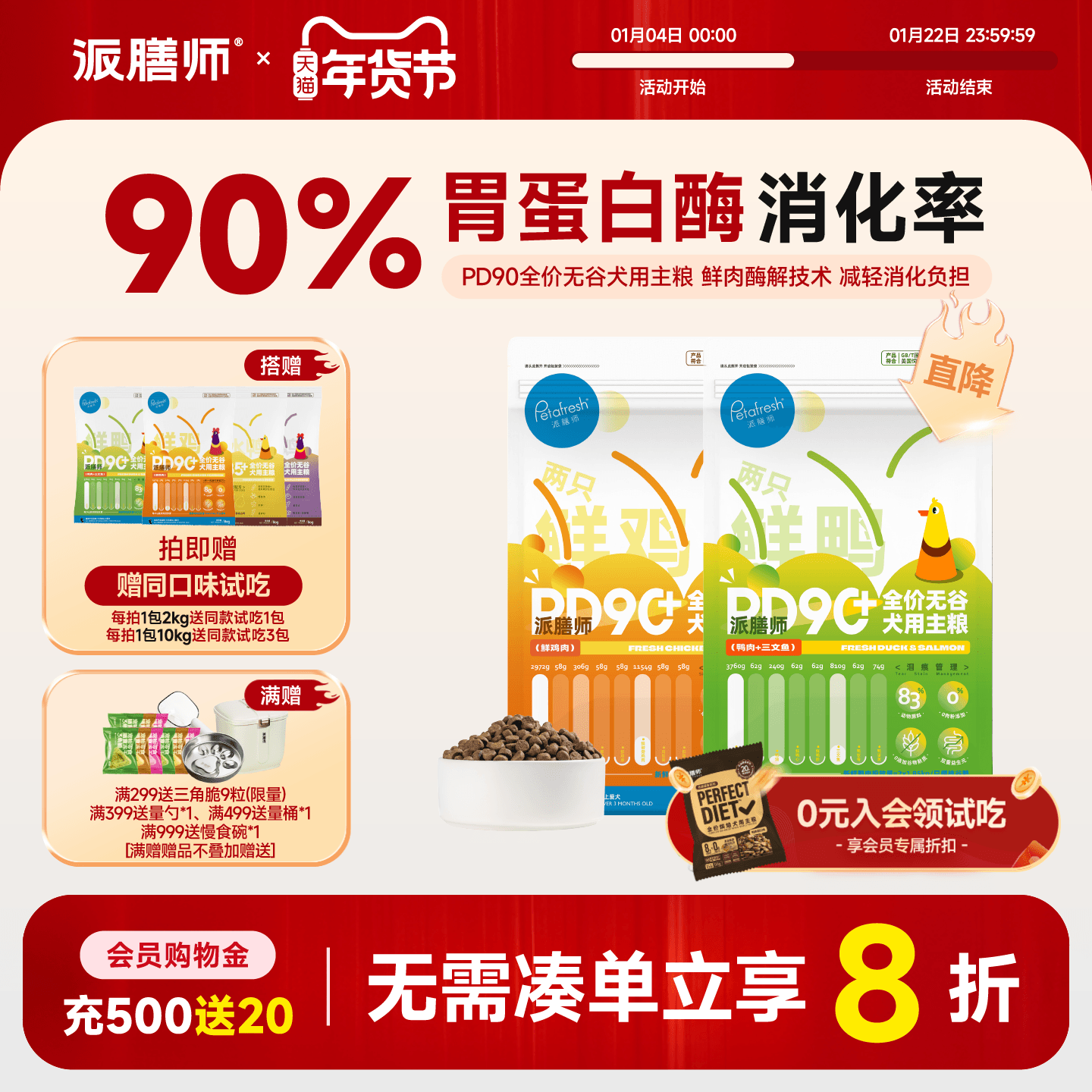 派膳师狗粮主粮PD90成犬通用型无谷鸭肉鸡肉三文鱼鲜肉膳食低敏,宠物/宠物食品及用品,狗全价膨化粮,淘宝优惠券,粉丝福利购,淘宝优惠卷