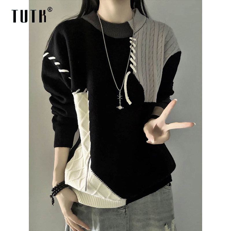 美式复古撞色毛衣男款秋冬季潮牌宽松设计感圆领针织衫内搭套头衫