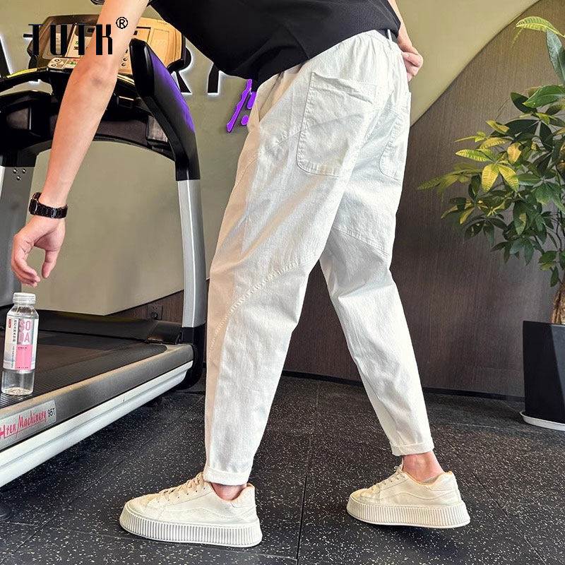 白色休闲裤男士夏季潮牌宽松纯色直筒运动裤高级感百搭小脚九分裤