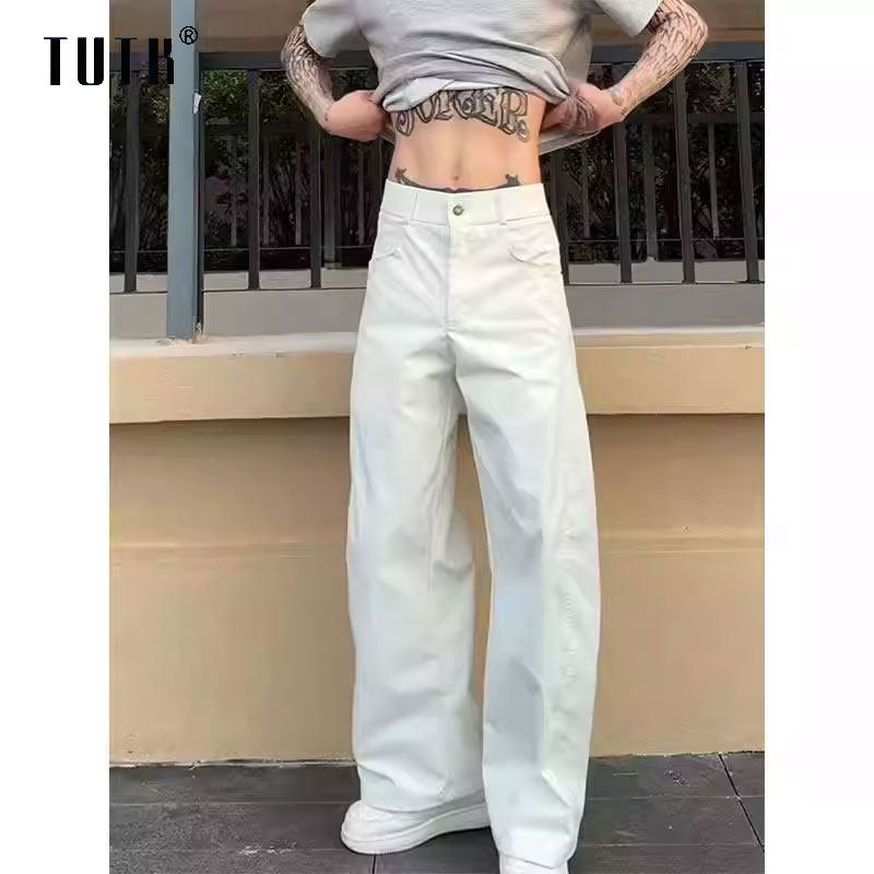 白色休闲裤男士春夏季潮牌宽松垂感弯刀阔腿裤百搭直筒工装微喇叭