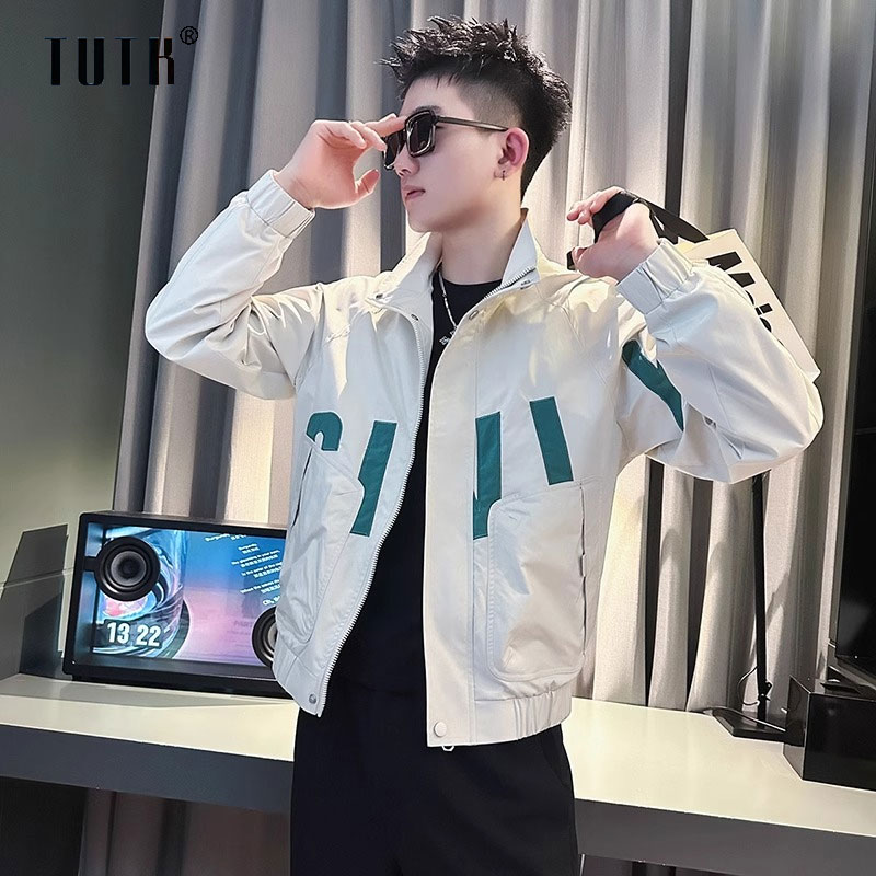 外套男春秋季潮牌修身痞帅立领上衣男士加棉加厚拼色休闲短款夹克