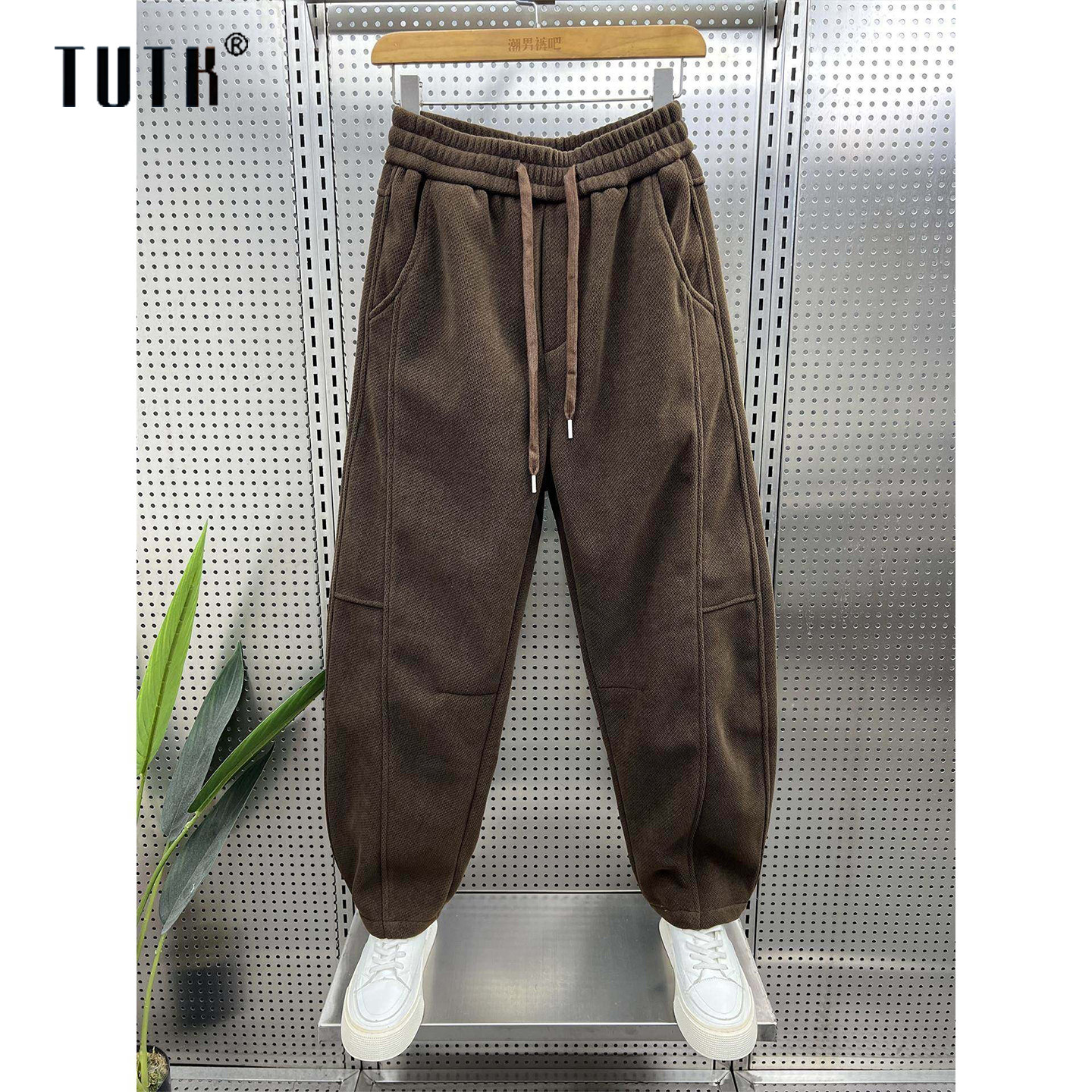 弯刀裤子男士冬季潮牌宽松直筒休闲裤潮流百搭加绒加厚抽绳运动裤