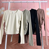 VCYG秋冬长袖 健身服上衣 长袖 速干衣女运动透气薄款 圆领侧褶皱修身