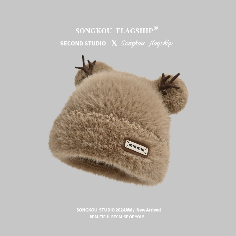 可爱鹿角毛绒绒包头帽女秋冬保暖