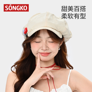 日系可爱棉麻云朵八角贝雷帽子女夏薄方圆脸显脸小白色报童画家帽