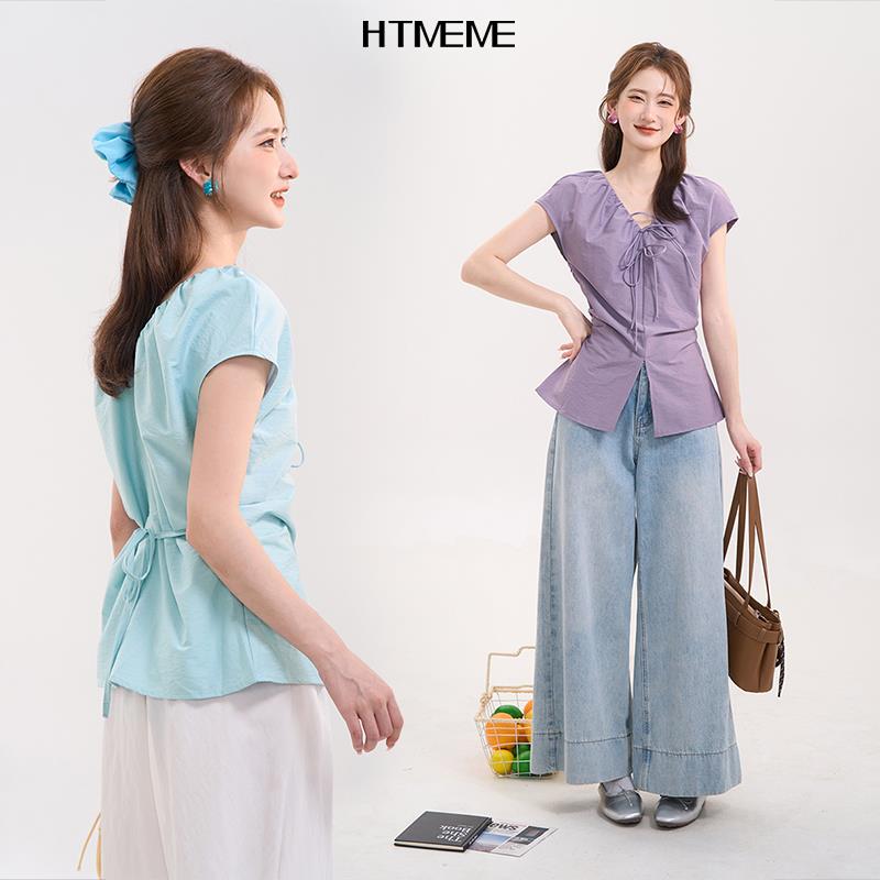 花田橱窗HTmeme 气质学姐~韩系褶皱蝴蝶结衬衣女夏季休闲短袖上衣