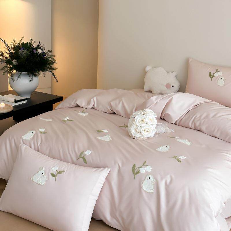 晚落花棠~少女心可爱卡通全棉长绒棉四件套纯棉贡缎床单被套床品