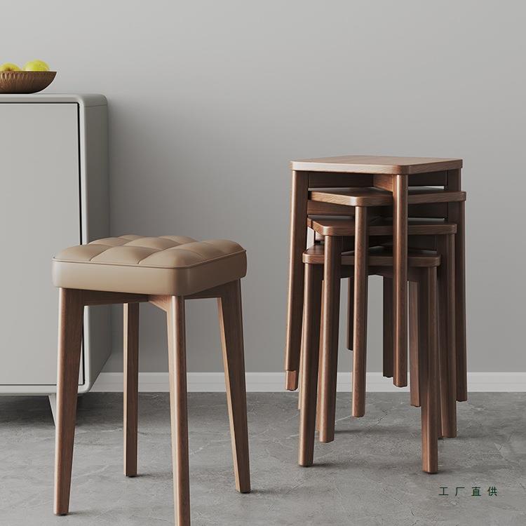 实木凳子家用现代简约可叠放餐椅软包圆板凳餐桌木头椅子舒服久坐