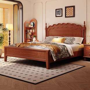 波浪涟漪法式复古实木床1.5米1.8主卧大床双人床中古风美式床黑色