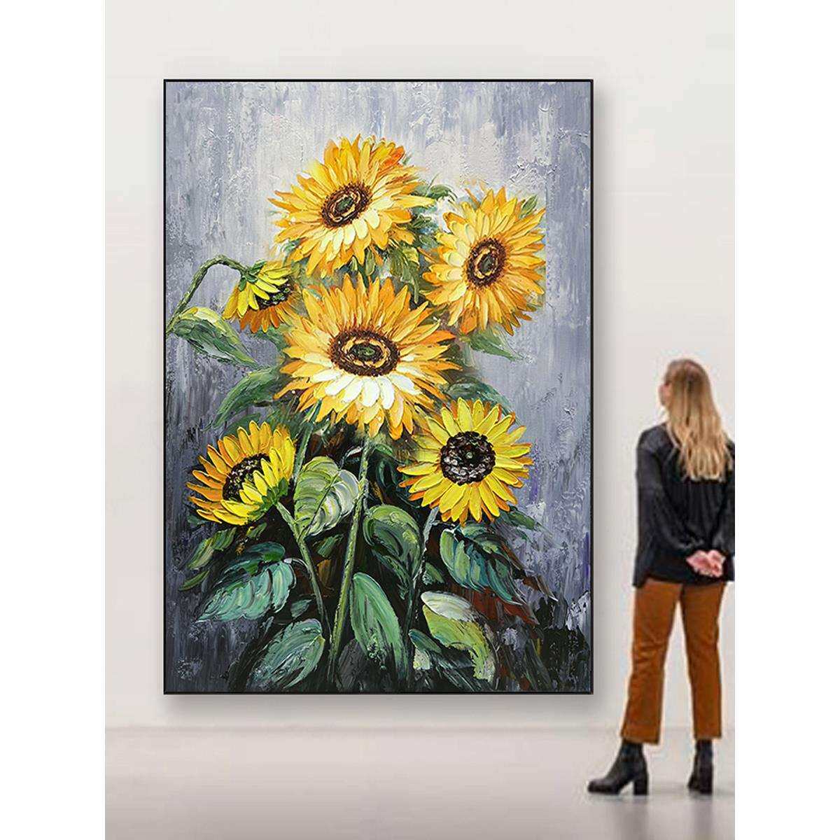 纯手绘向日葵花卉油画客厅大幅落地画餐厅玄关装饰画现代立体挂画