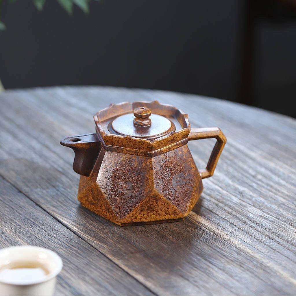 钻石僧帽手工刻画柴烧茶壶宜兴紫砂壶工堂直播供头茶具