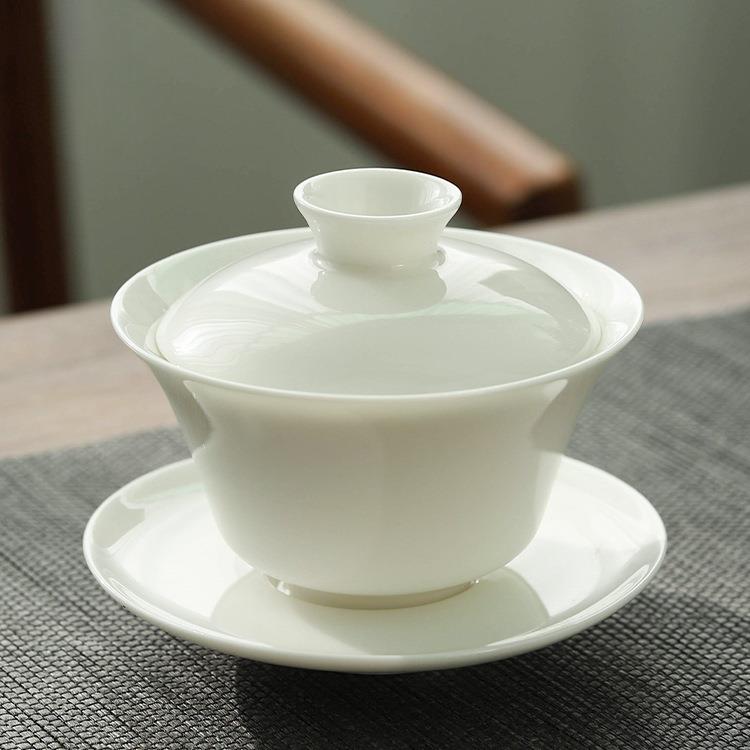 羊脂玉盖碗茶杯德化白瓷茶碗三件套单个三才大号功夫家用茶具套装