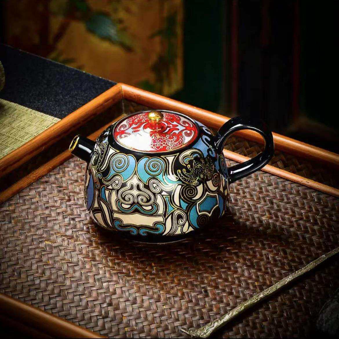 金银错拓片工艺撞色饕餮茶壶小号功夫泡茶壶中式陶瓷茶具家用单壶