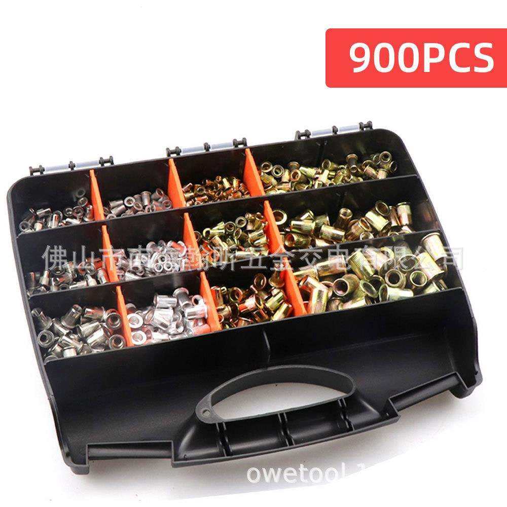 900PCS盒装铆螺母套装铝拉铆不锈钢镀彩锌竖纹螺母组合